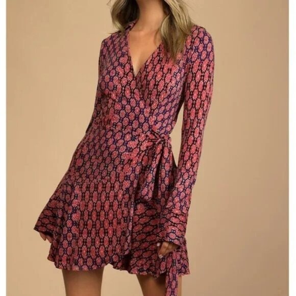 Free People Dresses & Skirts - Free People women’s Retta Mini long sleeve Print Wrap Dress Size Small bohemian